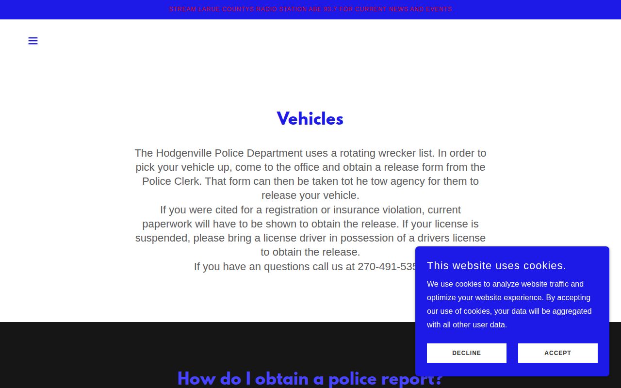 Hodgenville Police arrest report policy for LaRue County records
