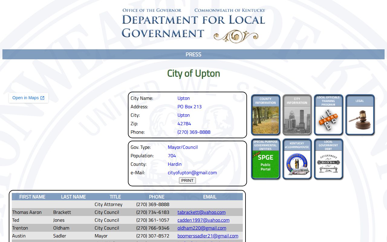 Official Upton profile showing the cross-county context for arrest records